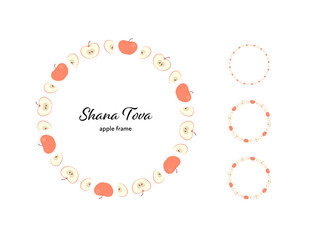 Vector flat israel new year celebration banner design set. Hebrew text Shana tova means "Happy new year" with apple slice symbol in circle frame isolated on white. Design for poster, card, greeting