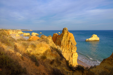 View on the beach Careanosy in Portimao with beautiful cliffs. Vacation in Portugal.