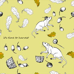 seamless background vector isolated image on a white background. white mice, little white rats among oak leaves and acorns, set, the inscription "it's time to harvest" 