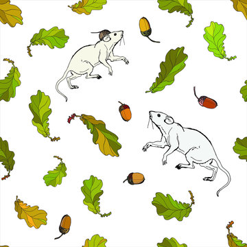 seamless background vector isolated image on a white background. white mice, little white rats among oak leaves and acorns, set, the inscription "it's time to harvest" 
