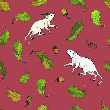seamless background vector isolated image on a white background. white mice, little white rats among oak leaves and acorns, set, the inscription "it's time to harvest" 
