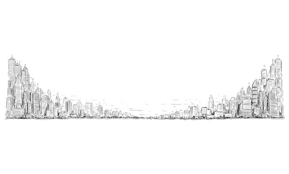 Vector artistic sketchy pen and ink drawing illustration of generic city high rise cityscape landscape with skyscraper buildings, Business and Government Buildings.