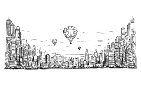 Vector artistic sketchy pen and ink drawing illustration of hot air balloons over generic city high rise cityscape landscape with skyscraper buildings, business and government buildings.