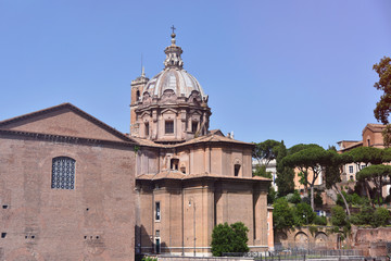 Rome, Italy - June 2019 -  Colosseum in Rome. Colosseum is the most landmark in Rome. Huge Roman amphitheatre.