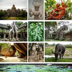 Collage: travel in Cambodia, tourist landmarks.
