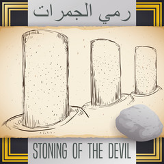 Scroll with Pillars' Drawing for Stoning of the Devil Ritual, Vector Illustration