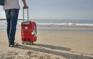 A traveler in jeans with a red suitcase stands near the sea, a place for text.