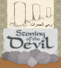 Slate, Pebbles and Scroll Depicting the Stone of the Devil Ritual, Vector Illustration