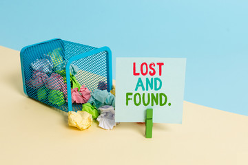 Text sign showing Lost And Found. Business photo showcasing a place where lost items are stored until they reclaimed Trash bin crumpled paper clothespin empty reminder office supplies tipped