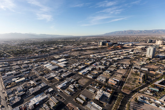 Aerial view of Las Vegas Nevada commercial and industrial area west of the downtown casino resorts.  
