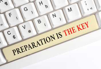 Writing note showing Preparation Is The Key. Business concept for it reduces errors and shortens the activities White pc keyboard with note paper above the white background