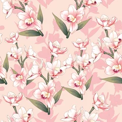Papier Peint photo Orchidee Fleurs d& 39 orchidées roses botaniques transparentes sur fond pastel rose abstrait. Style aquarelle de dessin d& 39 illustration vectorielle. Pour la conception de papier peint utilisé, le tissu textile ou le papier d& 39 emballage.
