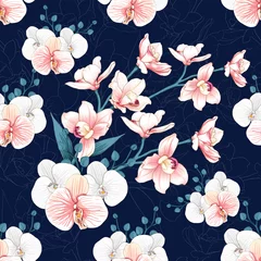 Cercles muraux Orchidee Fleurs d& 39 orchidées roses botaniques de modèle sans couture sur fond bleu foncé abstrait. Style d& 39 aquarelle de dessin d& 39 illustration vectorielle. Pour la conception de papier peint utilisé, le tissu textile ou le papier d& 39 emballage.