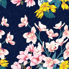Seamless pattern botanical pink Orchid,Magnolia and Ylang flowers on abstract dark blue background.Vector illustration drawing watercolor style.For used wallpaper design,textile fabric.
