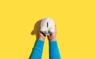 Person holding a piggy bank from above