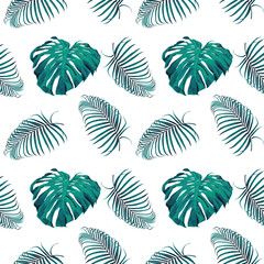 Fototapeta na wymiar Seamless pattern tropical summer with green monstera and palm leaves on white background.Watercolor Drawing Vector illustration.
