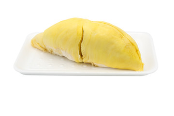 A piece of durian on foam tray isolate on white background, king of fruit