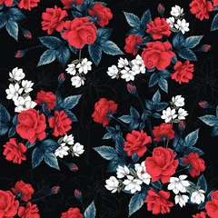 Photo sur Plexiglas Roses Modèle sans couture floral rouge Rose blanc Magnolia Lilly fleurs fond noir. Illustration vectorielle dessin au trait dessin à la main.