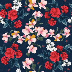 Naadloze patroon bloemen mooie rode roos, Hibiscus, witte Magnolia en Lilly bloemen op zwarte achtergrond. Vector illustratie hand tekenen lijntekeningen.