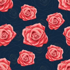 Papier Peint photo Roses Modèle sans couture de belles fleurs de Rose rouge sur fond de couleur bleu foncé. Dessin au trait d& 39 illustration vectorielle à la main.