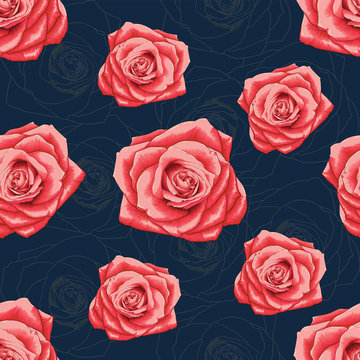 Seamless pattern beautiful red Rose flowers on dark blue color background.Vector illustration hand drawing line art.