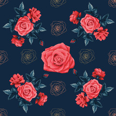 Seamless pattern botanical beautiful red Rose flowers dark blue background.Vector illustration hand drawing line art.
