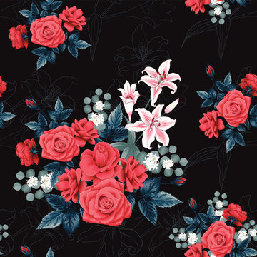 Seamless pattern botanical beautiful red Rose flowers and Lilly black background.Vector illustration hand drawing line art.