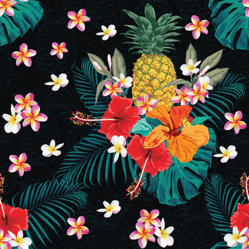 Seamless pattern tropical summer with pink pastel Frangipani,red Hibiscus flowers Pineapple and monstera leaves abstract background.Watercolor Drawing Vector illustration.