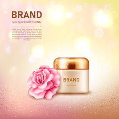 Realistic cream jar with golden lid and pink rose on bokeh glitter background. Cosmetic brand advertising concept design