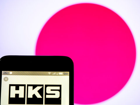 Kiev, Ukraine, April 13, 2019, illustrative editorial. In this photo illustration a HKS Co. Ltd. logo seen displayed on a smart phone