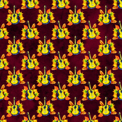 A seamless background pattern with music instrument. Watercolor guitar and autumn leaves. Autumnal repeat print with sheet music, scraps of vintage letters etc