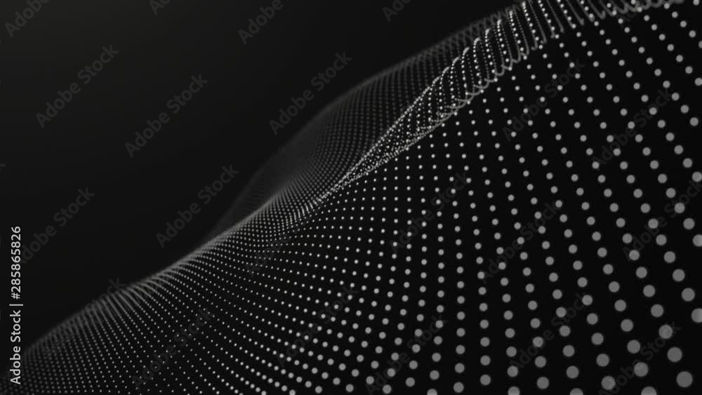 Poster futuristic grid wave of white halftone digital dots data smooth seamless animation on dark with dim 