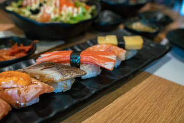Various sushi sashimi roll with salmon tuna japanese food