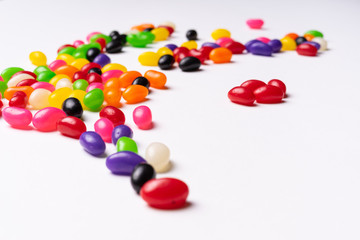 colorful jelly beans candies white background Top view