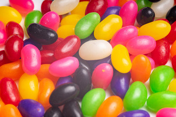 colorful jelly beans candies white background Top view