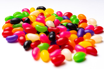 colorful jelly beans candies white background Top view