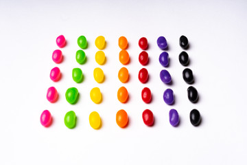 colorful jelly beans candies white background Top view