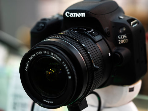 Kiev, Ukraine, April 23, 2019, illustrative editorial. Canon EOS 200d dlsr camera on the shelf in the store