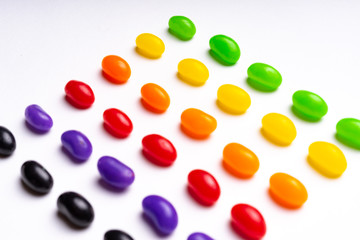 colorful jelly beans candies white background Top view