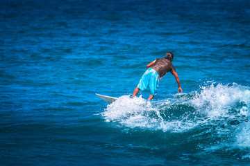 Ecuador. The Village Of Montanita. Pacific ocean. Surfer riding the waves of the Pacific ocean. Longboard for surfing. Extreme sport. Training surfers. Sliding on the wave. Surfing in Ecuador.