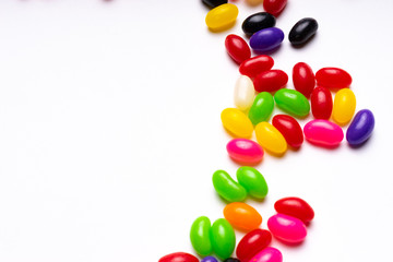 colorful jelly beans candies white background Top view