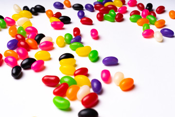 colorful jelly beans candies white background Top view