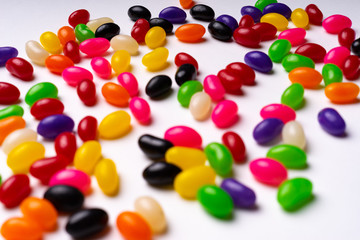 colorful jelly beans candies white background Top view