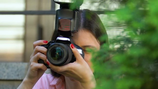 Female journalist secretly taking photo hiding tree, exclusive news, paparazzi