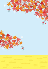 赤とんぼともみじのある秋の田舎の風景のイラスト(空と田園)縦長の書式で横書き用
