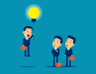 Flying out from the crowd by light bulb of ideas. Concept kid business successful vector illustration, Business idea, Advancement,