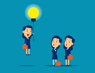 Fototapeta na wymiar Flying out from the crowd by light bulb of ideas. Concept kid business successful vector illustration, Business idea, Advancement,