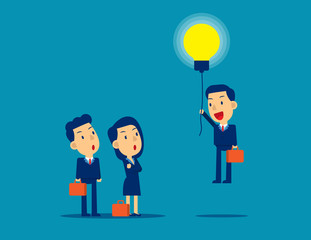 Flying out from the crowd by light bulb of ideas. Concept kid business successful vector illustration, Business idea, Advancement,