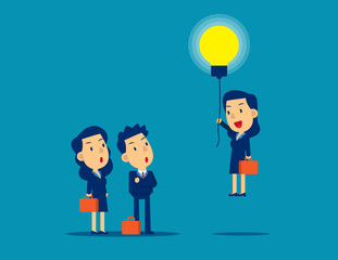 Flying out from the crowd by light bulb of ideas. Concept kid business successful vector illustration, Business idea, Advancement,