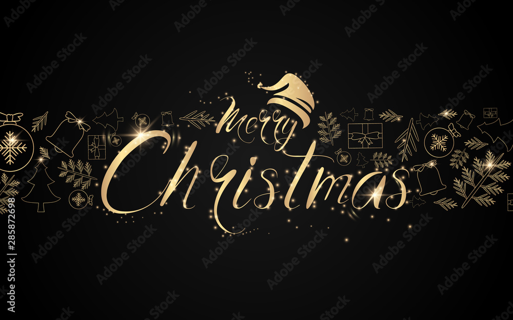 Aufkleber christmas postcard with calligraphy. xmas objects with sparkling lights garland. luxury gold element